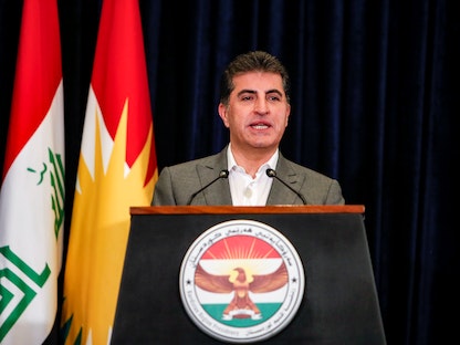 رئيس إقليم كردستان العراق نيجيرفان بارزاني يتحدث خلال مؤتمر صحافي في أربيل عاصمة كردستان العراق - 10 أكتوبر 2021 - REUTERS