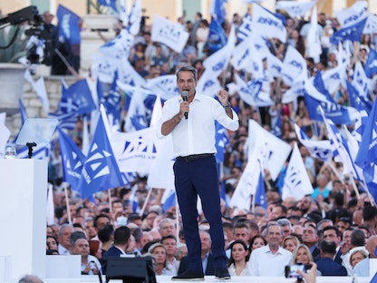 رئيس الوزراء اليوناني السابق كيرياكوس ميتسوتاكيس خلال فعالية انتخابية في أثينا. 23 يونيو 2023 - REUTERS