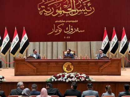 رئيس البرلمان العراقي محمد الحلبوسي خلال اجتماع لمجلس النواب في بغداد- 7 فبراير 2022 - VIA REUTERS