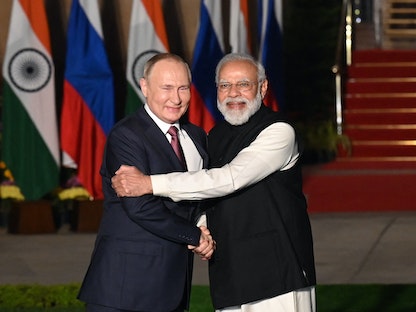 الرئيس الروسي فلاديمير بوتين ورئيس الوزراء الهندي ناريندرا مودي في نيودلهي- 6 ديسمبر 2021  - AFP