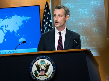 المتحدث باسم الخارجية الأميركية نيد برايس خلال إحاطة صحافية في واشنطن. 10 مارس 2022 - REUTERS