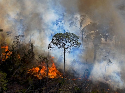 دخان يتصاعد نتيجة حريق أُضرم بشكل غير قانوني في محمية غابات الأمازون بالبرازيل - 15 أغسطس 2020 - AFP