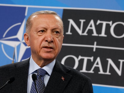 الرئيس التركي رجب طيب أردوغان خلال قمة حلف شمال الأطلسي "الناتو" في العاصمة الإٍسبانية مدريد. 30 يونيو 2022 - REUTERS