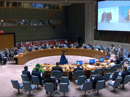 أعضاء مجلس الأمن الدولي خلال اجتماع لبحث أزمة سد النهضة في نيويورك، 10 مارس 2020 - الأمم المتحدة