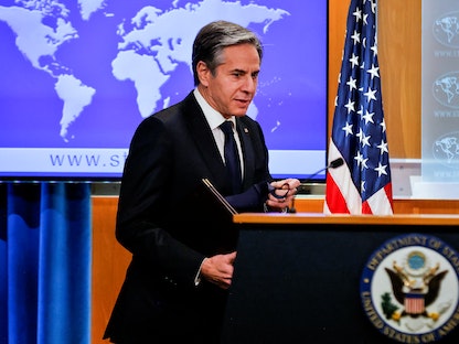 وزير الخارجية الأميركي أنتوني بلينكن خلال مؤتمر صحافي في واشنطن - 27 يناير 2021 - REUTERS