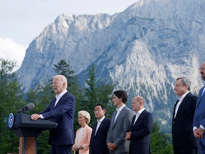 الرئيس الأميركي جو بايدن خلال مؤتمر صحافي يعلن فيه إطلاق شراكة البنية التحتية العالمية. 26 يونيو 2022. - AFP