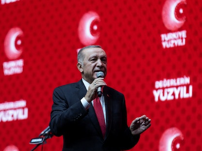 الرئيس التركي رجب طيب أردوغان يخاطب الحضور في اجتماع "Century of Turkey" بالعاصمة أنقرة، 28 أكتوبر 2022 - REUTERS