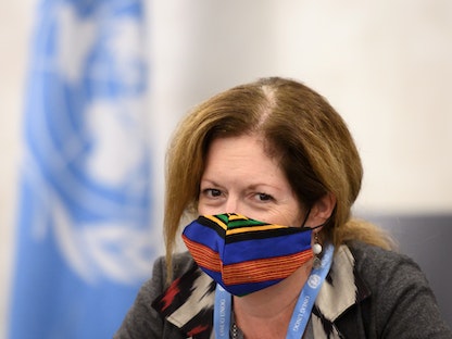 نائبة الممثل الخاص للأمين العام للأمم المتحدة للشؤون السياسية في ليبيا ستيفاني ويليامز خلال محادثات بين أطراف النزاع الليبي في مكاتب الأمم المتحدة في جنيف، سويسرا- 20 أكتوبر 2020 - REUTERS