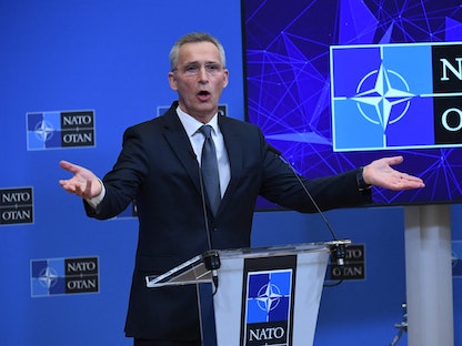  الأمين العام لحلف شمال الأطلسي "الناتو" ينس ستولتنبرج خلال مؤتمر صحافي  - AFP