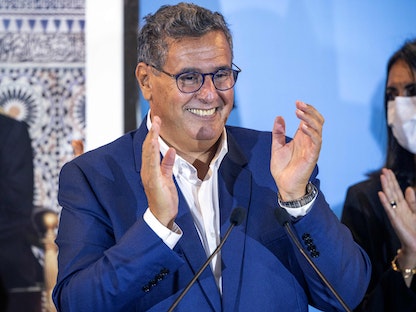 رئيس حزب التجمع الوطني للأحرار المغربي عزيز أخنوش خلال مؤتمر صحافي في العاصمة الرباط - 9 سبتمبر 2021 - AFP