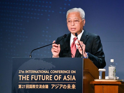 رئيس الوزراء الماليزي إسماعيل صبري يعقوب يلقي كلمة خلال المؤتمر الدولي السابع والعشرين حول مستقبل آسيا، طوكيو - 26 مايو 2022 - AFP