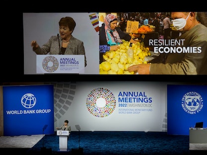 المديرة العامة لصندوق النقد الدولي كريستالينا جورجيفا تتحدث خلال الاجتماعات السنوية لصندوق النقد والبنك الدوليين في واشنطن. 14 أكتوبر 2022 - REUTERS