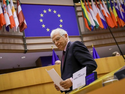 ممثل السياسة الخارجية في الاتحاد الأوروبي جوزيب بوريل في جلسة مناقشة بالبرلمان الأوروبي بعد زيارته لروسيا، بروكسل، 9 فبراير 2021 - REUTERS