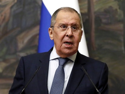 وزير الخارجية الروسي سيرغي لافروف خلال مؤتمر صحافي في موسكو - 21 يونيو 2021 - REUTERS