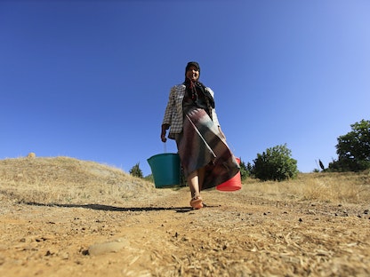 امرأة تحمل دلاء من الماء في عين هاجر بالقرب من ولاية المدية، على بعد حوالي 100 كيلومتر جنوب غرب الجزائر العاصمة، 31 أغسطس 2010 - REUTERS