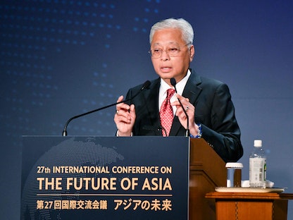 رئيس الوزراء الماليزي إسماعيل صبري يعقوب يلقي كلمة خلال المؤتمر الدولي السابع والعشرين لمستقبل آسيا في طوكيو، 26 مايو 2022. - AFP