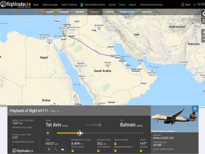 صورة من موقع "فلايت رادار 24"، تظهر مسار الطائرة الإسرائيلية نحو مطار البحرين الدولي - الشرق