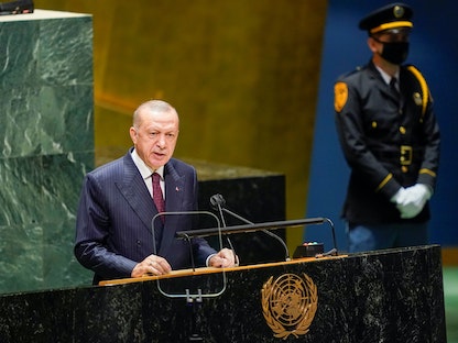 الرئيس التركي رجب طيب أردوغان يلقي كلمة بلاده أمام الجمعية العامة للأمم المتحدة - 21 سبتمبر 2021 - REUTERS