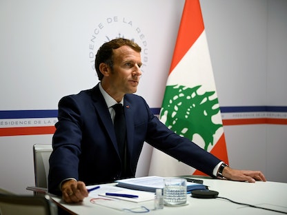 الرئيس الفرنسي إيمانويل ماكرون خلال مؤتمر المانحين للبنان - 04 أغسطس 2021 - REUTERS