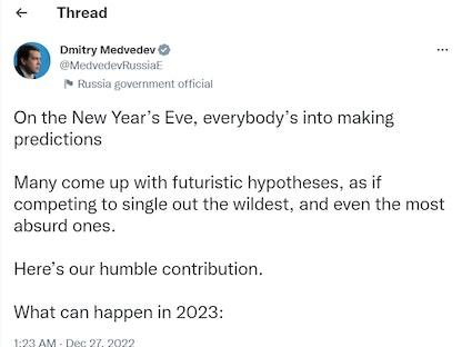 لقطة شاشة من تغريدات ديميتري ميدفيديف لحسابه في تويتر.27 ديسمبر 2022 - @MedvedevRussiaE