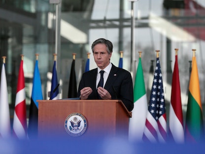 وزير الخارجية الأميركي أنطوني بلينكن يلقي كلمة بعد اجتماعه مع وزارة خارجية دول حلف "الناتو" في بروكسل- 24 مارس 2021 - REUTERS