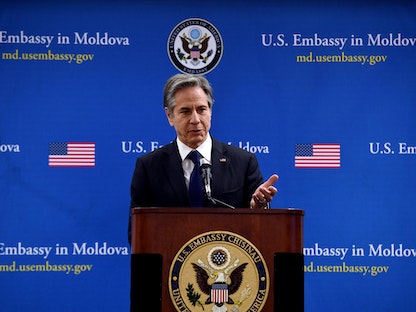 وزير الخارجية الأميركي أنتوني بلينكن خلال مؤتمر صحفي في تشيسيناو عاصمة مولدافيا، 6 مارس 2022 - REUTERS