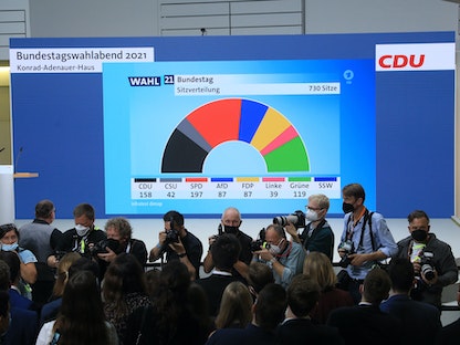 متابعة الانتخابات الألمانية من داخل مقر حزب المستشارة أنجيلا ميركل الاتحاد الديمقراطي المسيحي في برلين - 26 سبتمبر 2021 - Bloomberg