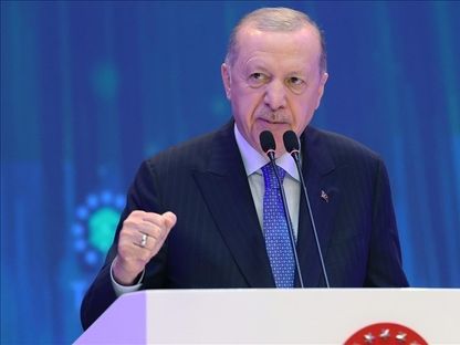 الرئيس التركي رجب طيب أردوغان في حفل افتتاح المقر الجديد لرئاسة جمهورية شمال قبرص التركية 3 مايو 2025 - وكالة الأناضول