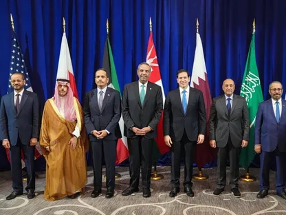 وزير الخارجية الأميركي ماركو روبيو، خلال اجتماع مع وزراء خارجية مجلس التعاون الخليجي على هامش اجتماعات الجمعية العامة للأمم المتحدة في نيويورك. 24 سبتمبر 2025 - x@SecRubio