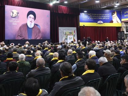 أمين عام "حزب الله" اللبناني حسن نصر الله يلقي كلمه أمام عدد من أنصار الحزب في بيروت. 13 فبراير 2024 - REUTERS