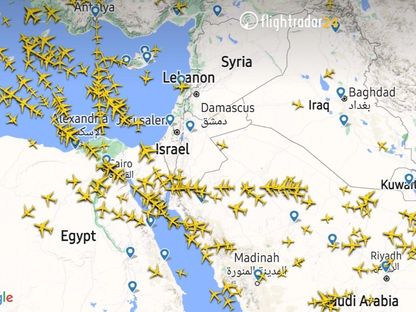 لقطة من موقع Flightradar تظهر عودة حركة الطيران في أجواء العراق والأردن وإسرائيل وسوريا ولبنان بعد  الهجوم الإيراني على إسرائيل. 14 أبريل 2024 - flightradar