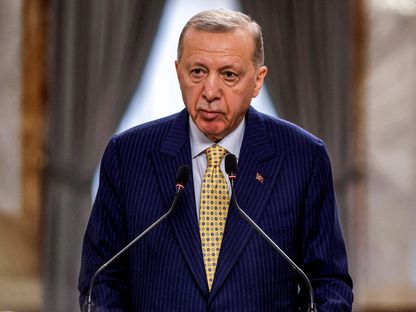 الرئيس التركي رجب طيب أردوغان خلال مؤتمر صحافي في العاصمة العراقية بغداد. 22 أبريل 2024 - AFP
