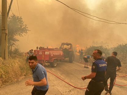 رجال الإطفاء والسكان المحليون يحاولون إخماد حريق غابات في منطقة مندريس بمدينة إزمير، تركيا، 29 يونيو 2025. - REUTERS