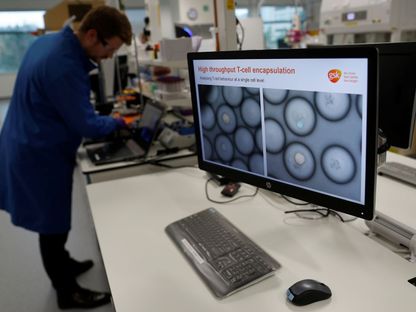 عالم يدرس خلايا السرطان في كرات الدم البيضاء عبر استخدام مجهر بمركز للأبحاث في بريطانيا. 26 نوفمبر 2019 - REUTERS