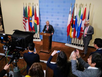 الأمين العام للأمم المتحدة أنطونيو جوتيريش خلال مؤتمر صحافي في نيويورك. 5 أبريل 2024 - AFP
