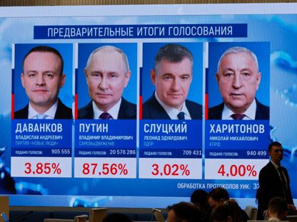 شاشة تظهر نتائج الانتخابات الرئاسية الروسية داخل مقر لجنة الانتخابات المركزية في موسكو. 17 مارس 2024. - Reuters