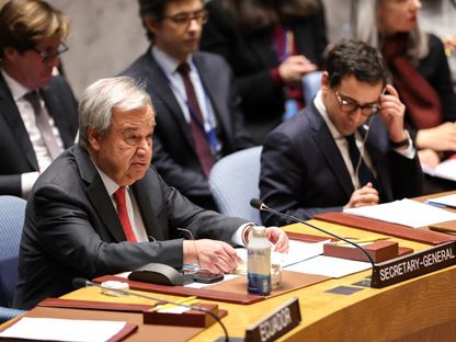 الأمين العام للأمم المتحدة أنطونيو جوتيريش خلال جلسة لمجلس الأمن. نيويورك، الولايات المتحدة. 23 يناير 2024 - AFP