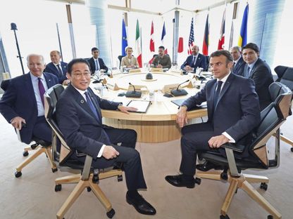 زعماء دول مجموعة السبع والرئيس الأوكراني فولوديمير زيلينسكي خلال اجتماعهم في قمة المجموعة في هيروشيما، اليابان. 21 مايو 2023 - via REUTERS