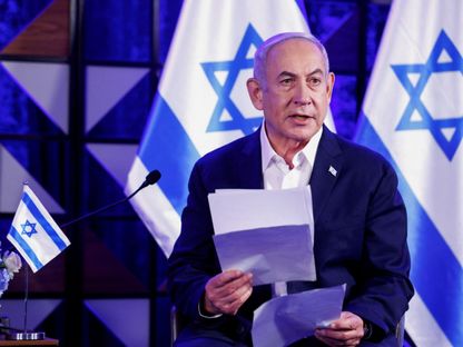 رئيس الوزراء الإسرائيلي بنيامين نتنياهو خلال مؤتمر صحافي مشترك مع الرئيس الأميركي جو بايدن في تل أبيب. 18 أكتوبر 2023 - Reuters