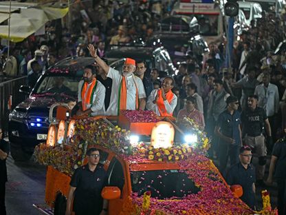 رئيس الوزراء الهندي ناريندرا مودي خلال فعالية انتخابية في حيدر أباد. 15 مارس 2024 - AFP