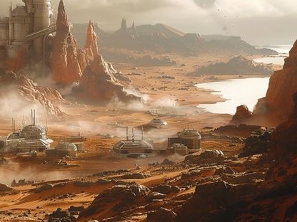 صورة أنتجتها "الشرق" بالذكاء الاصطناعي لمستوطنة بشرية على المريخ. 7 مارس 2024 - Midjourney