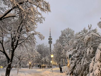 أشخاص يسيرون في حديقة مغطاة بالثلوج بعد تساقط الثلوج بكثافة على بافاريا وعاصمتها ميونيخ، ألمانيا. 2 ديسمبر 2023 - REUTERS