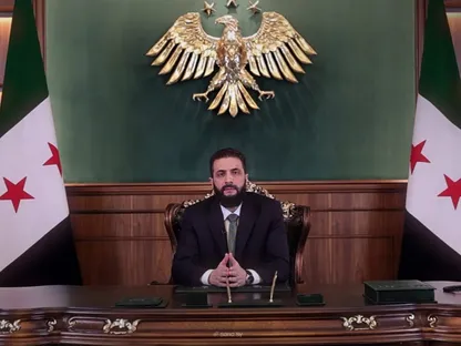 الرئيس السوري أحمد الشرع يلقي كلمة في ذكرى انطلاق عملية إسقاط نظام الرئيس السابق بشار الأسد. 28 نوفمبر 2025 - Sana