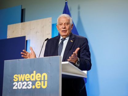 مسؤول السياسة الخارجية بالاتحاد الأوروبي جوزيب بوريل خلال مؤتمر صحافي عقب اجتماع وزراء دفاع التكتل في ستوكهولم. 8 مايو 2023 - REUTERS
