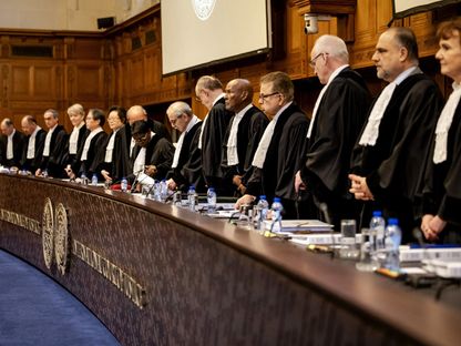 هيئة محكمة العدل الدولية خلال أولى جلسات الاستماع لمرافعات بشأن الاحتلال الإسرائيلي لفلسطين، لاهاي، هولندا. 19 فبراير 2024 - AFP