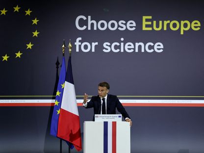 الرئيس الفرنسي إيمانويل ماكرون يلقي كلمة في جامعة السوربون بباريس. 5 مايو 2025 - REUTERS