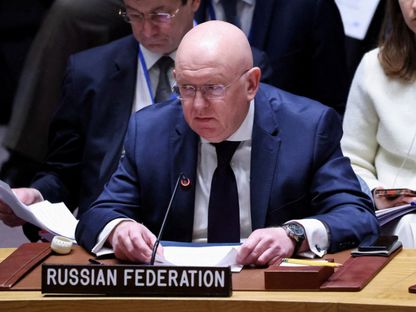 ممثل روسيا لدى الأمم المتحدة فاسيلي نيبينزيا خلال جلسة في مقر المنظمة بمدينة نيويورك- 25 مارس 2024 - Reuters