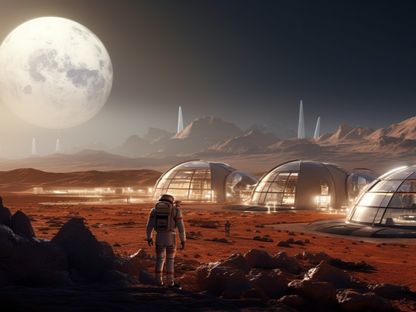 صورة أنتجتها الشرق بالذكاء الاصطناعي لمستعمرات بشرية في المستقبل على كوكب المريخ. 24 سبتمبر 2023 - Midjourney