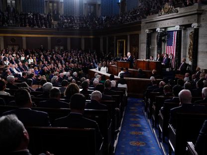 الرئيس الأميركي جو بايدن يلقي خطاب حالة الاتحاد أمام الكونجرس بمجلسيه النواب والشيوخ. 7 مارس 2024 - Reuters