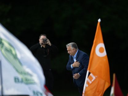 رئيس الوزراء المجري فيكتور أوربان يلقي خطاباً في مسيرة قبل أسبوع واحد من انتخابات الاتحاد الأوروبي. بودابست، المجر. 1 يونيو 2024 - AFP